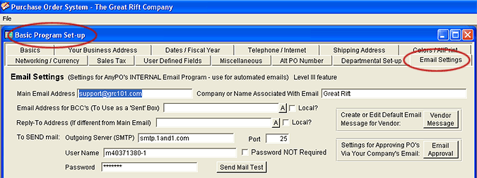 Start at the Main Purchase Order Screen and select File >> Basic Program Set-up from the menu.  When the "Basic Program Set-up" screen appears, click on the "Email Settings" tab to reach the Email Set-up Page.
