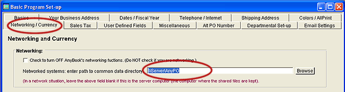 To reach this area of the program, start at the Main Invoice Screen and select File >> Basic Program Set-up & Preferences from the Menu Bar.  Then click on the "Networking / Currency" tab.  Enter the path to the AnyPO directory on the server (or computer you are using for the server.  The AnyPO directory on the server is called the "Common Data Directory."