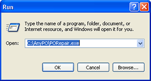 If you are unable to access the diagnostic program built into AnyPO, you can reach it by using Window's RUN dialog box.  C:\AnyPO\PORepair.exe starts it.