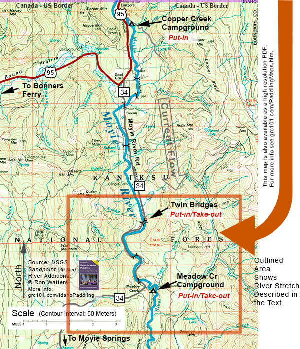 Idaho Paddling Map: Moyie - Twin Bridges to Meadow Cr. Campground