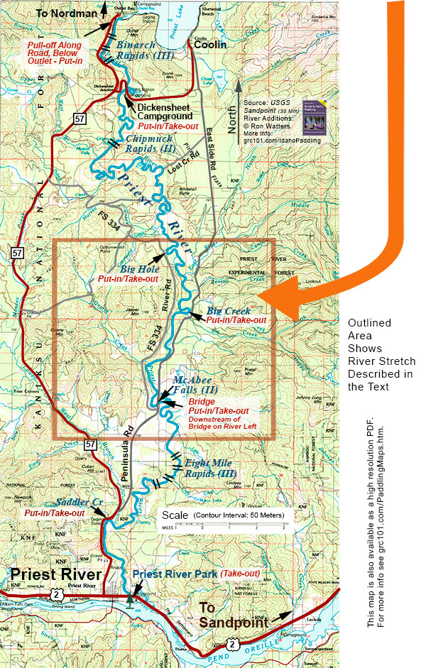 Idaho Paddling Map: Priest River - Big Hole to McAbee