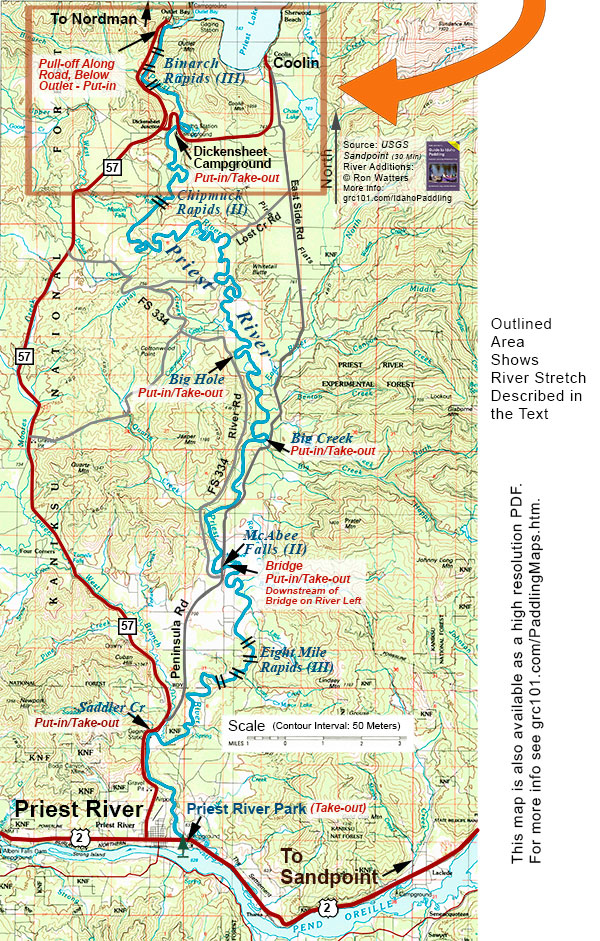 Idaho Paddling Map: Priest River - Outlet to Dickensheet