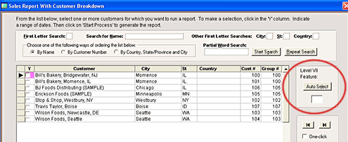Sales Broken Down by Customer: "Auto Select" feature circled in red.