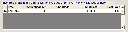 The inventory Transaction Log is found on the lower part of the Product Information Screen.  It keeps a record of each time an inventory is added to a product.<br>
