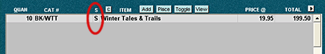 Sales codes are entered in the "S" column in the Item Area.  The "S" sales code , above, means regular sale.  A "D" sales code is used to indicated damaged items.