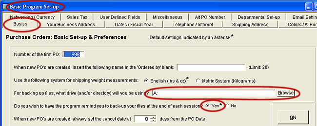 The directory for backing up your data files is designated in Basic Program Set-up (FILE >> BASIC PROGRAM SET-UP).  Always back up your files when you exit.  Even on networked systems, you should back-up your files.