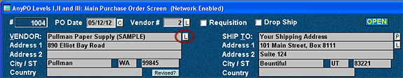 For a list of vendors found on your purchase orders (as opposed to vendors listed in the Vendor Database), the "L" (List) button is beside the "VENDOR" name.  When you click a list of any vendor entered on an purchase appears.